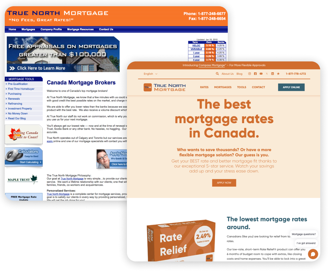 Old and new website side by side