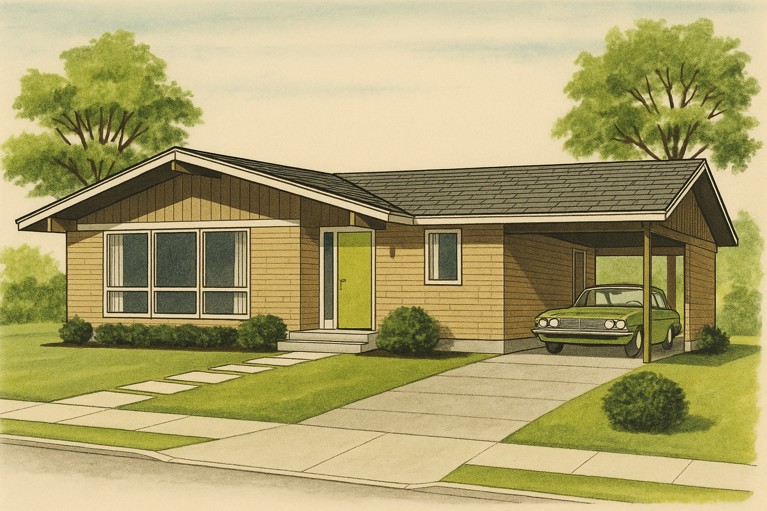 Rendering of a 70s housing catalogue prefab home